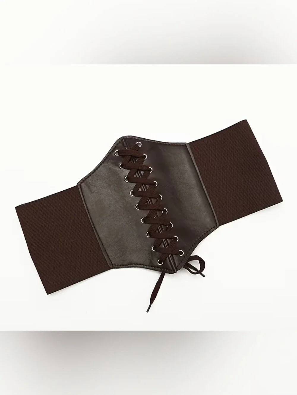 Corset Style Underbust Brown Elastic Wide Waist Belt Faux Leather One Size